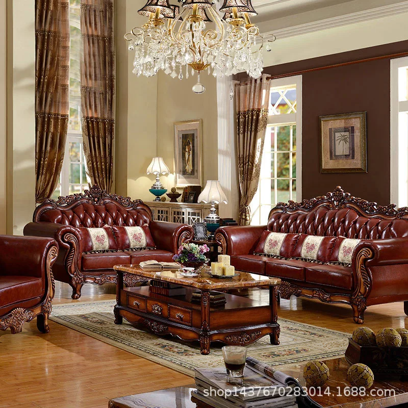 

European Leather Sofa Villa Size Living Room Luxury Combination 123 Solid Wood Carved American Leather Sofa on The First Floor