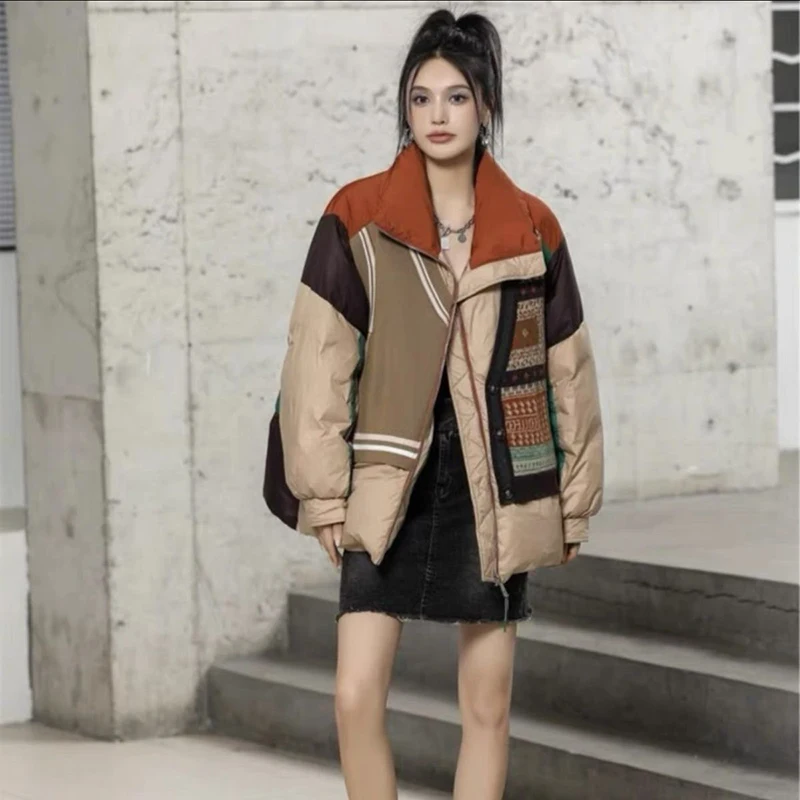 

2023 Winter New Women's Knitted Spliced Down parka Streetwear Vintage Jacket Standing Collar Thickened White Duck Down Outerwea