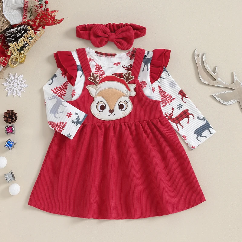 

BeQeuewll Baby Girls 3 Piece Outfit Christmas Elk Print Ribbed Romper and Corduroy Suspender Dress Cute Headband Fall Clothes