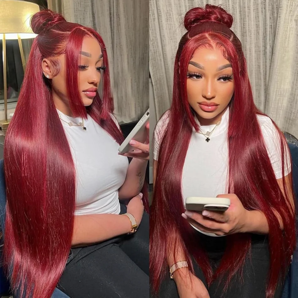 99J Burgundy Straight Human Hair Wigs 13X6 Hd Lace Frontal Wig Red Colored Preplucked Brazilian 250 Density For Women 30 36 Inch