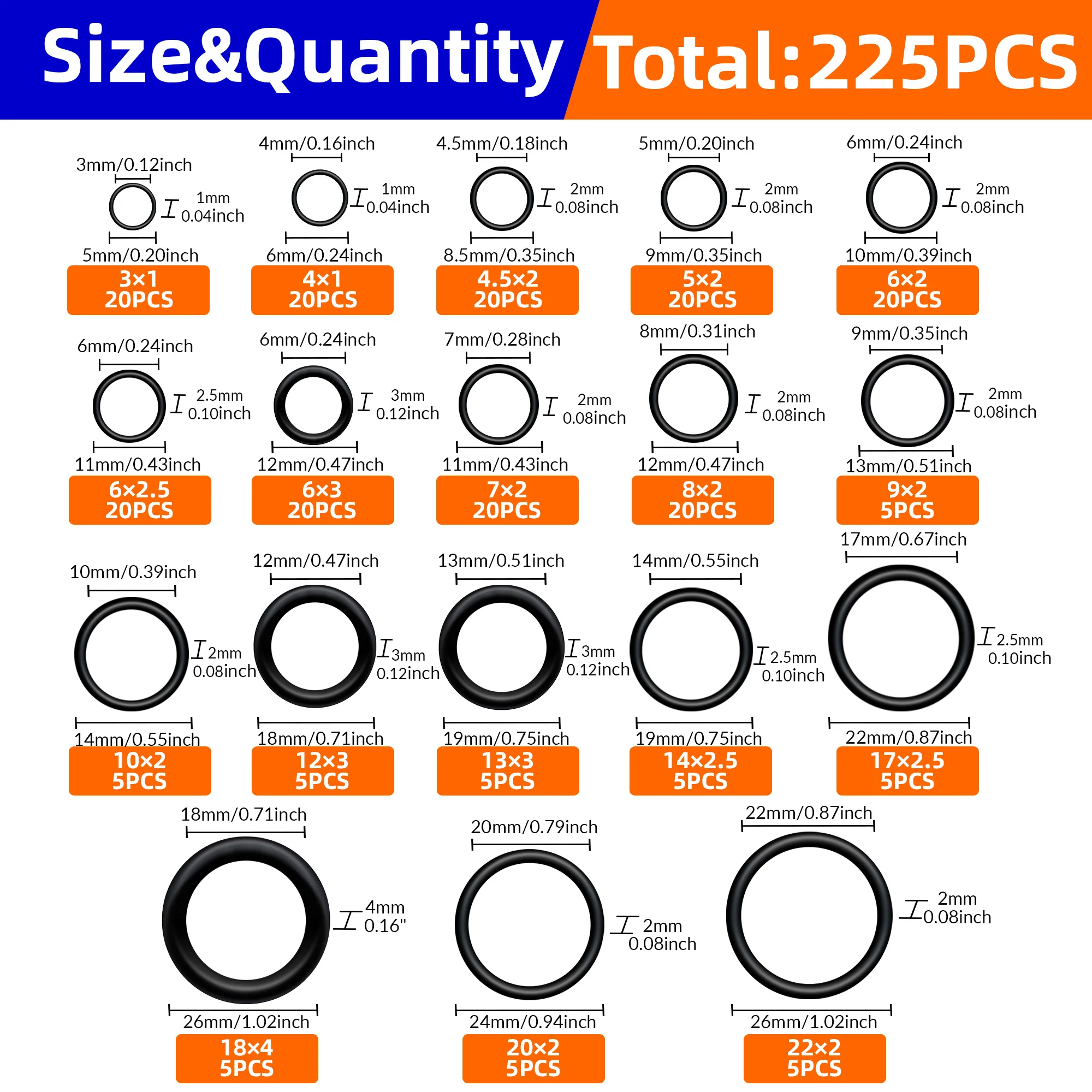 200/225pcs Rubber O Ring Set Gaskets Seal Nitrile Repair Kit