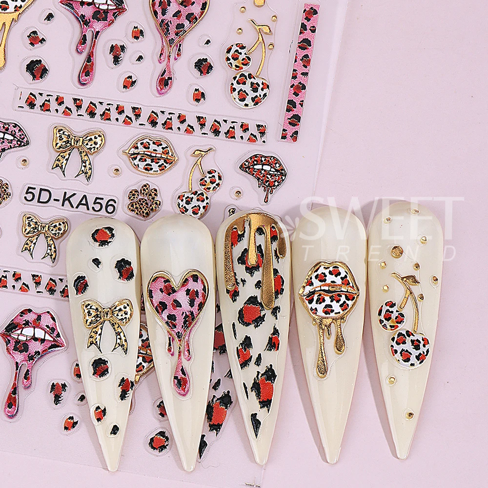 5D Love Heart Lips Nail Art Stickers Self-Adhesive Leopard Print Nail Decals Valentine's Day Manicure Decorations Nail Supplies