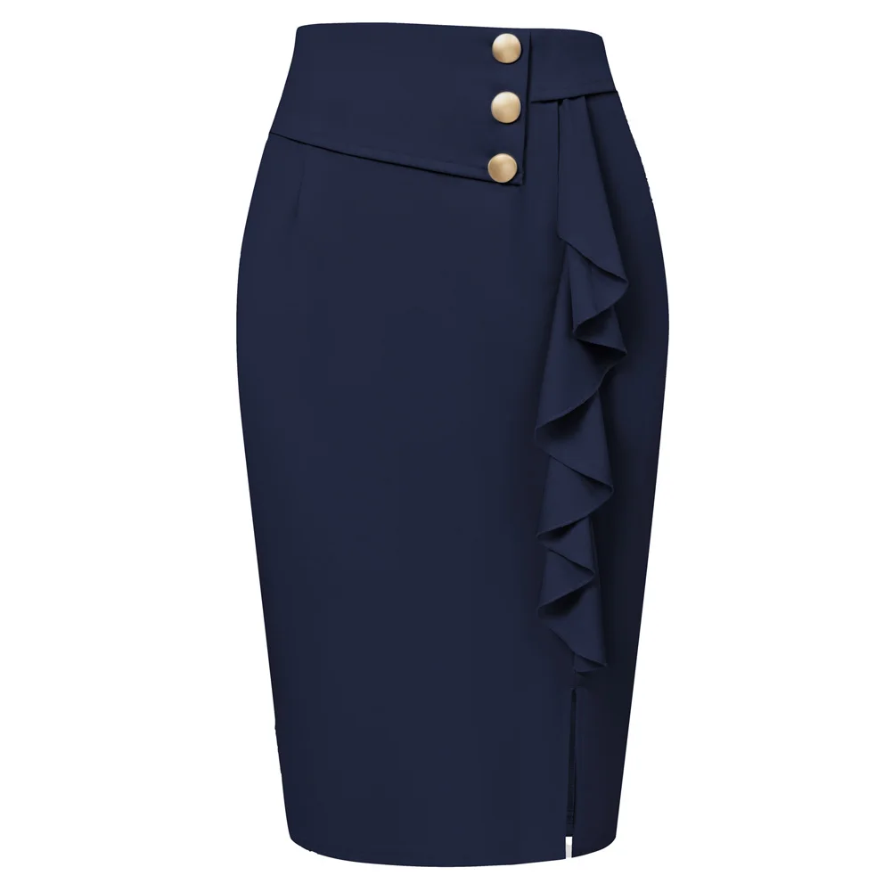 

BP Women Skirts Vintage Front Slit Skirt Fashion High Waist Ruffle Decorated Bodycon Skirt Work Office Lady Hips-wrapped Skirt