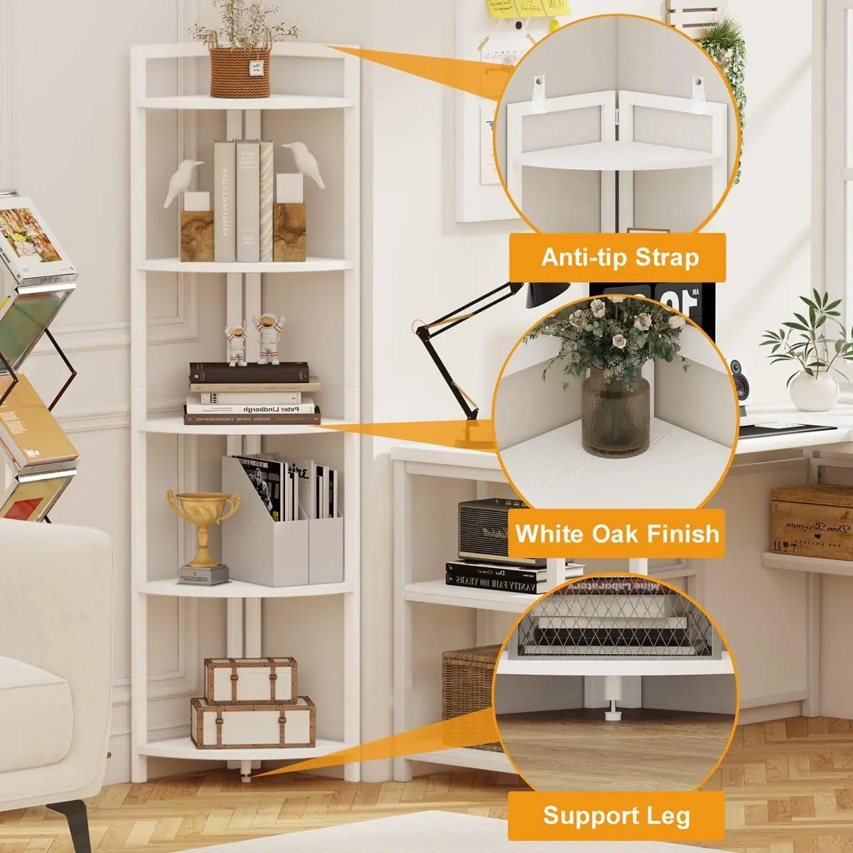 Tall Corner Shelf, 5 Tier Modern Corner Bookshelf Stand, Wood and Metal Plant Bookcase