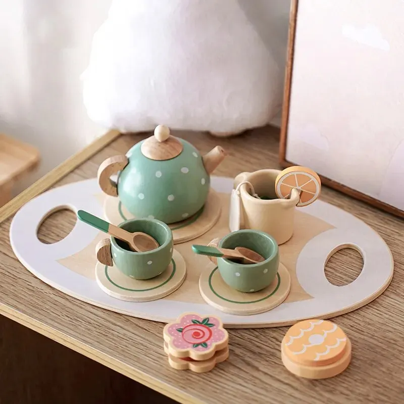 Kids Wooden Tea Set Play House Pretend Make Tea Play With Teapot Teacup Afternoon Snack Role Playing Toys Boys Girls Gift