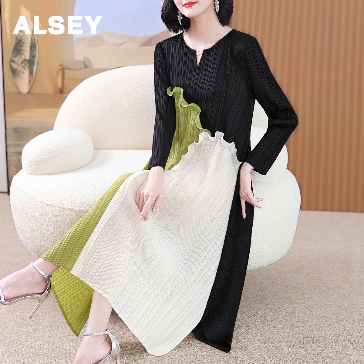 

ALSEY Miyake Pleated Dress for Women Autumn New Fashion Stitching V-neck Loose Plus Size Casual A- Line Luxury Evening Dresses