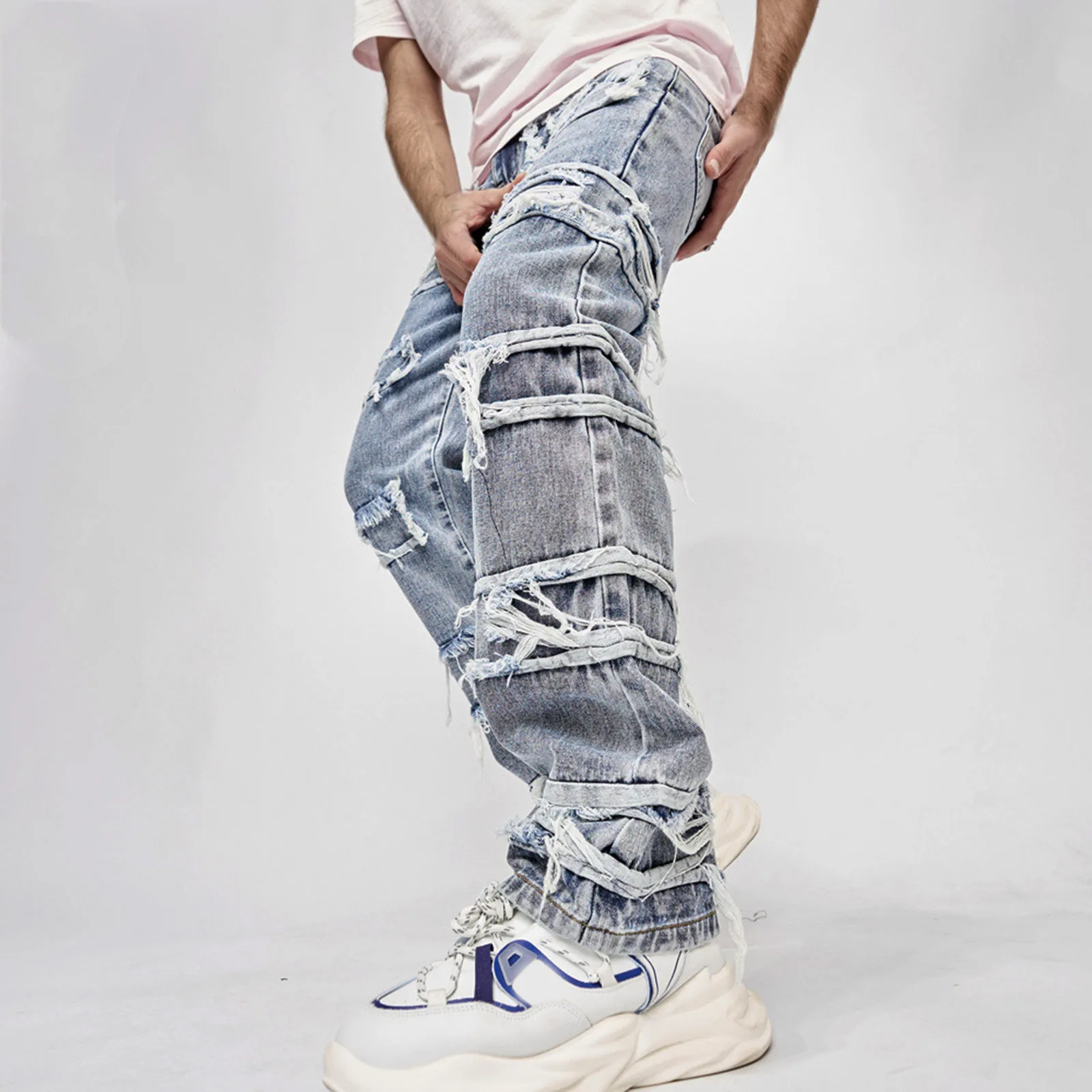 

Men Ripped Washed Jeans Trousers 2023 New Stylish Hip hop Streetwear Male Solid Retro Distressed Holes Straight Denim Pants