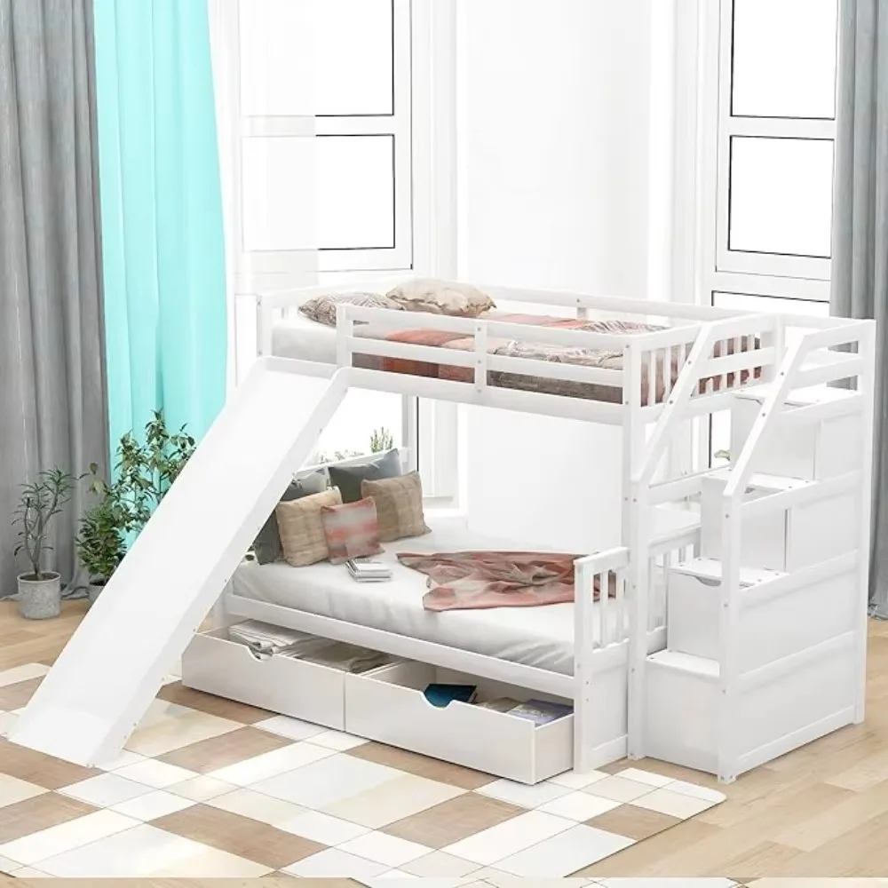 Twin Over Full Bunk Bed with Stairs and Slide, with Storage Drawers for Kids Girls Boys, Solid Wood Bunk Bed Frame 4