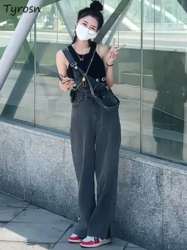 

Jumpsuits Women Classic Design Side-slit Retro All-match Leisure Ulzzang Pure Minimalist Denim Ladies Spring Loose Personality