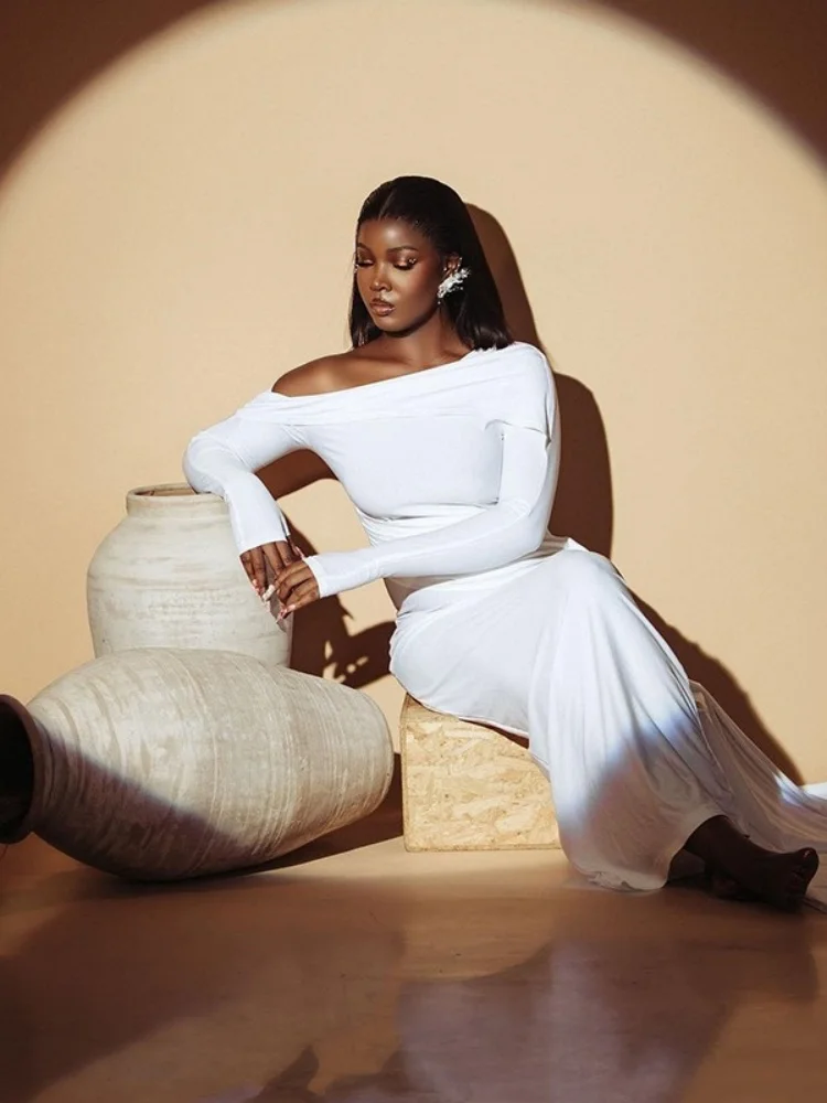 Wmstar Dress Women Wholesale 2025 Fashionable Solid Color Slanted Collar Revealing One Shoulder and Long Sleeves Irregular