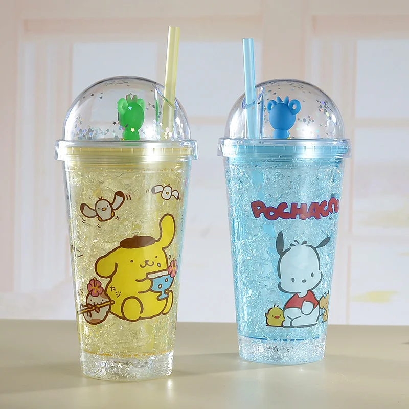 

New Sanrio Water Bottle Hello Kitty Melody Kuromi Cinnamoroll Double-layer Plastic Cup Portable Sports Mug Girl Birthday Gifts