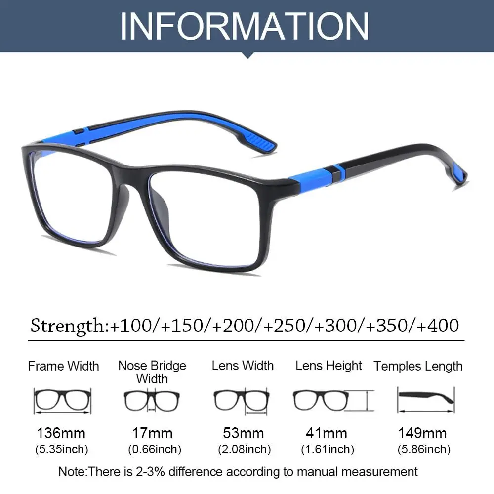 Reading Glasses Ultralight Blue Light Blocking Sports Presbyopia for Men Women Hyperopia Optical Eyewear +100~+400