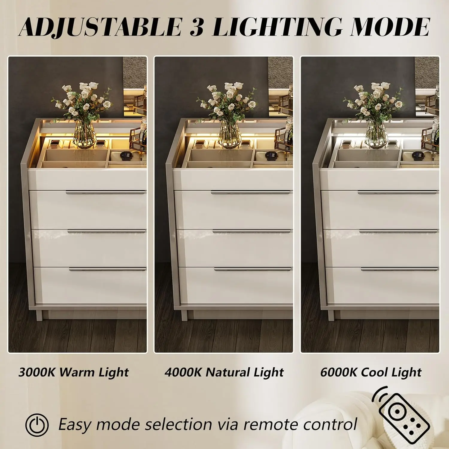 47.2" 8 Drawer Dresser with LED Light, Modern High Gloss Chest of Drawers with Glass Tabletop & 2 Six-Grid Jewelry Drawers