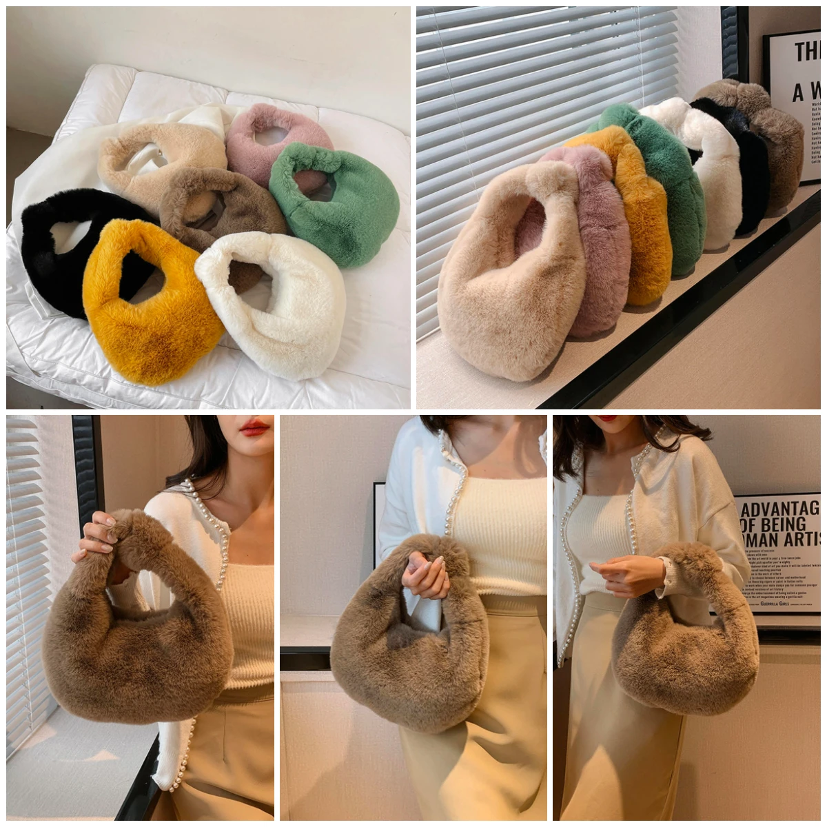 

Однотонная сумка Iskybob для пельменей, модная мягкая плюшевая сумка, нишевой дизайн, маленькая сумка для телефона, сумки-тоуты, женская сумка из искусственного кроличьего меха