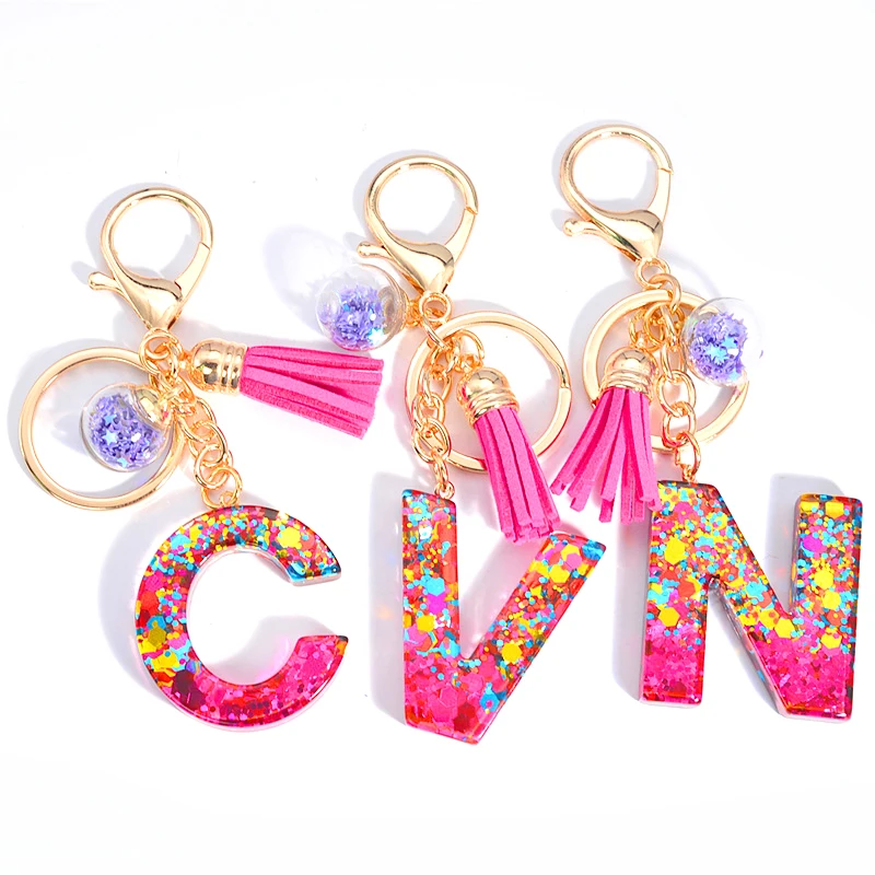 

26 Initials Letter Keychain Christmas Tassel Rose Red Key Chain Women Sequin Keyring Christmas Holiday Gifts Keychain Keys