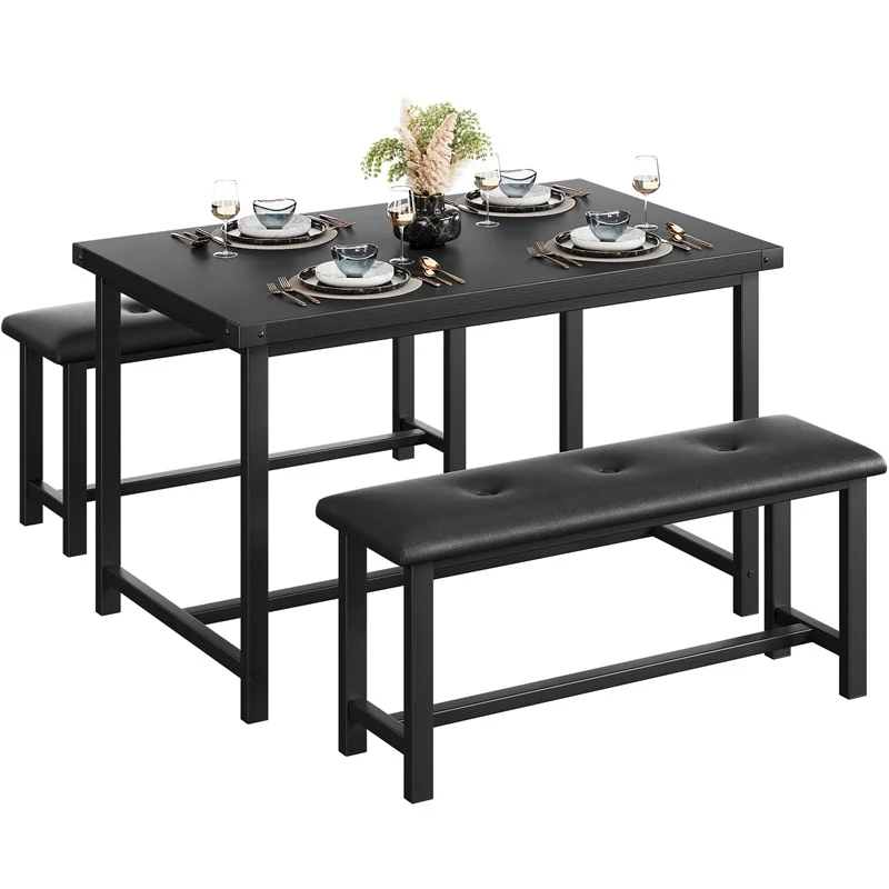3Pcs Kitchen Dining Table Set with Upholstered Benches, Space-Saving Rectangular Bench Dining Table Set for Room