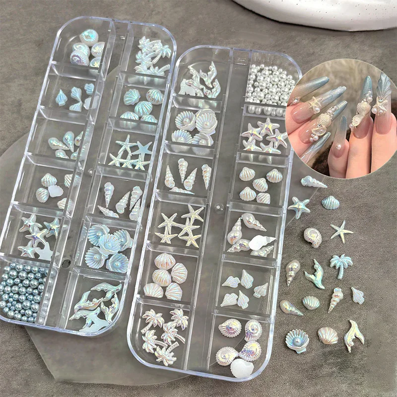12 Grids/Box Aurora 3D Nail Charms - Shell Starfish Mermaid Tail Oceanic Accessories for Dreamy Manicure & Nail Art Design