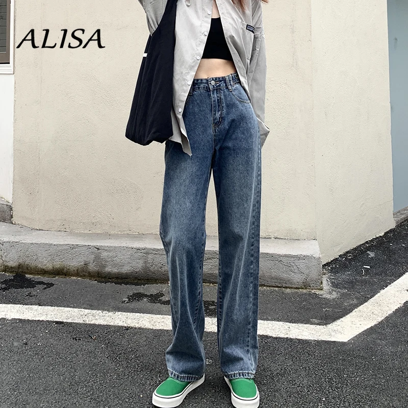 

Spring Autumn Fashion High-waist Straight Jeans Women Vintage Wide-leg Trousers Streetwear Loose Y2k Blue Denim Pants