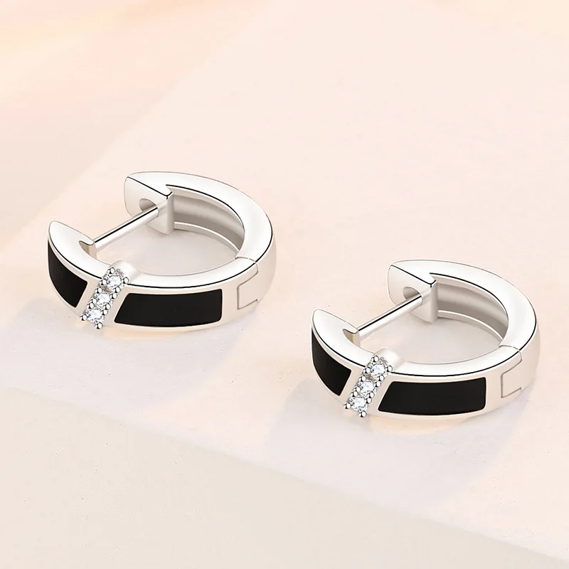 925 Sterling Silver Vintage Black Enamel Crystal Hoop Earrings For Women Girls Wedding Engagement Fashion Jewelry 4
