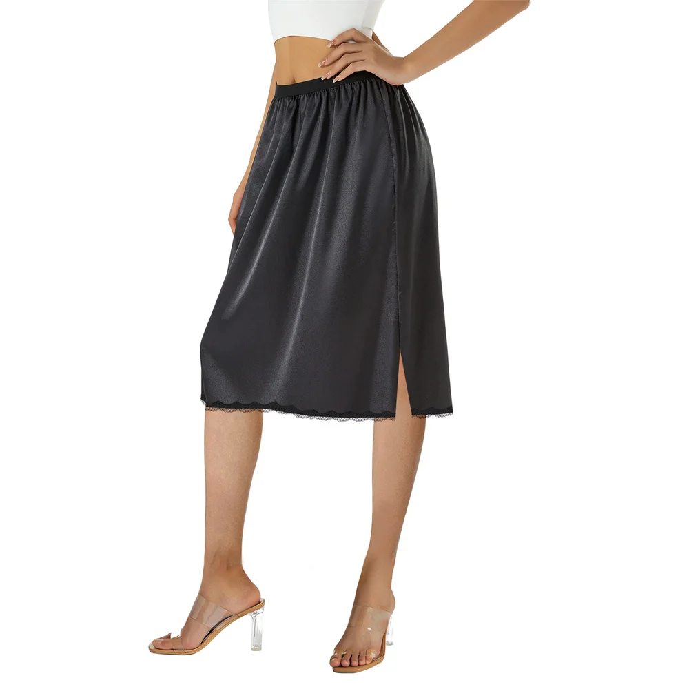 Petticoat Skirt Half Slip Skirt Satin Silk Skirt Women High Waisted Lined Skirts Elastic Waist Solid Color Lace Trim Underskirt for Under Dresses