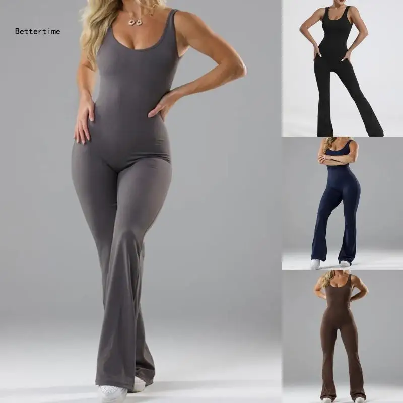 

B36D Women Sexy Backless Padded Yoga Rompers Top Scrunch Butt Flared Jumpsuits