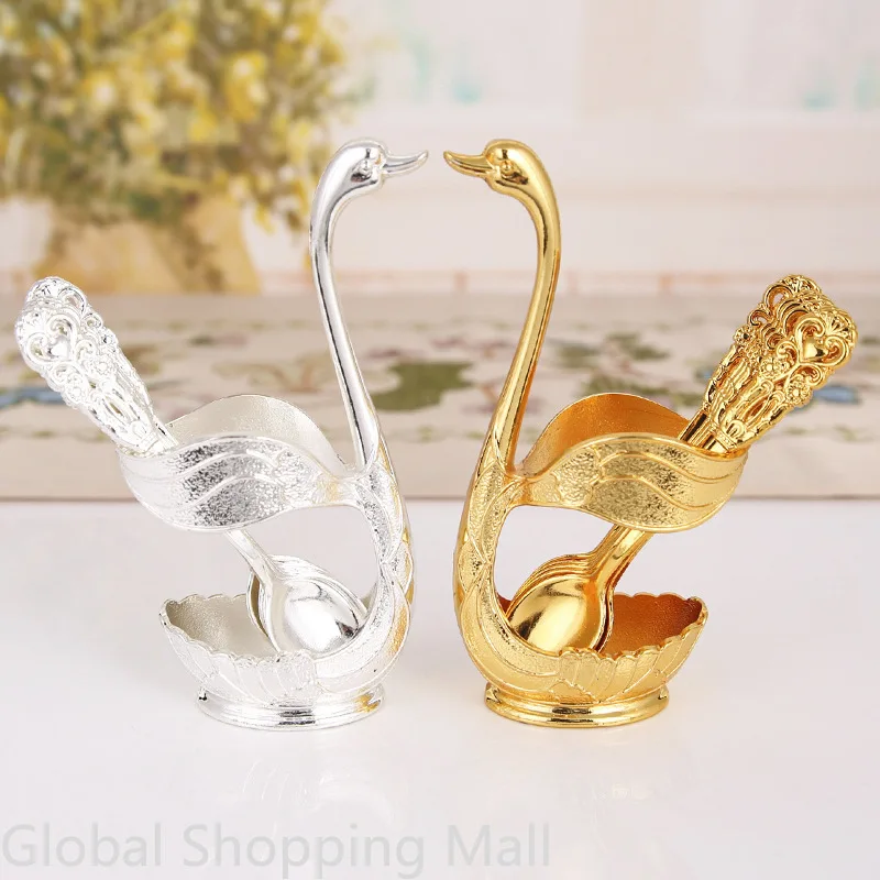 Creative Dinnerware Set Decorative Swan Base Holder 6 Spoons or Folks for Coffee Fruit Dessert Stirring Mixing cutlery set western style cutlery set picnic cutlery set