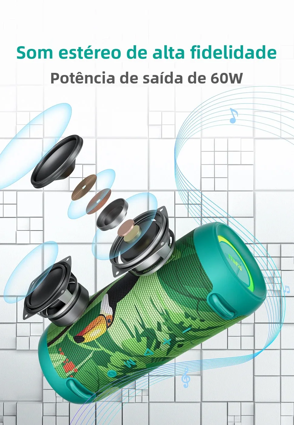 Caixa de Som Bluetooth Sem Fio MIFA 60W, Amplificador Classe D, Super Bass, Caixa de Som Portátil Resistente para Camping, Festa, Viagem e Uso Interno