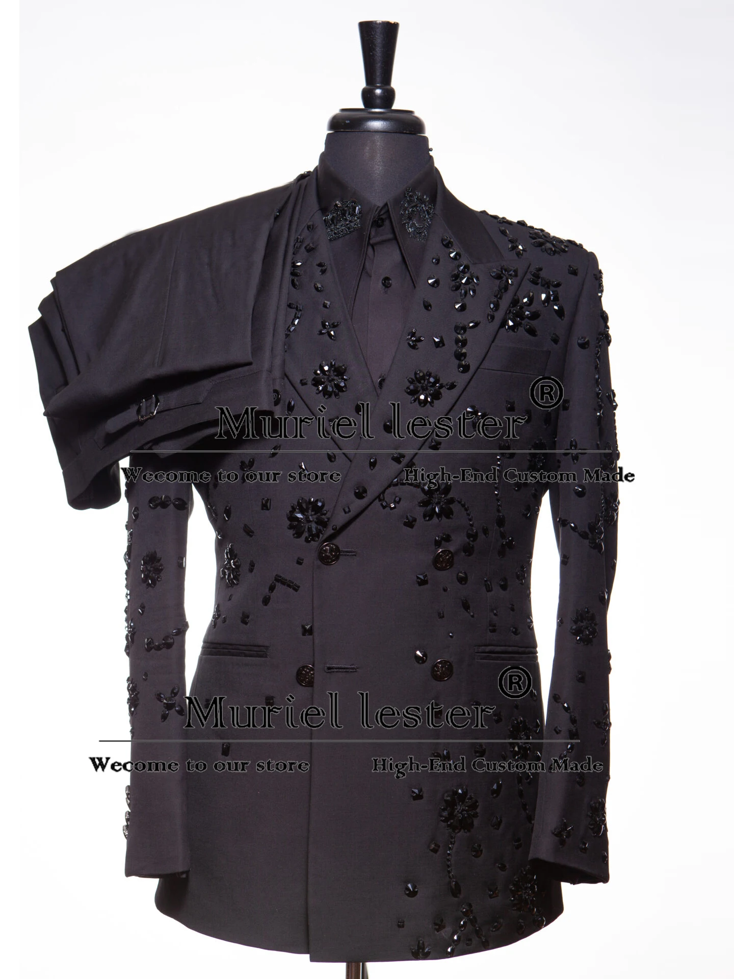 Handmade Diamond Beaded Suits Men Slim Fit Double Breasted Prom Blazers Formal Man Wedding Party Groom Tuxedos Customized 2 Pcs 3