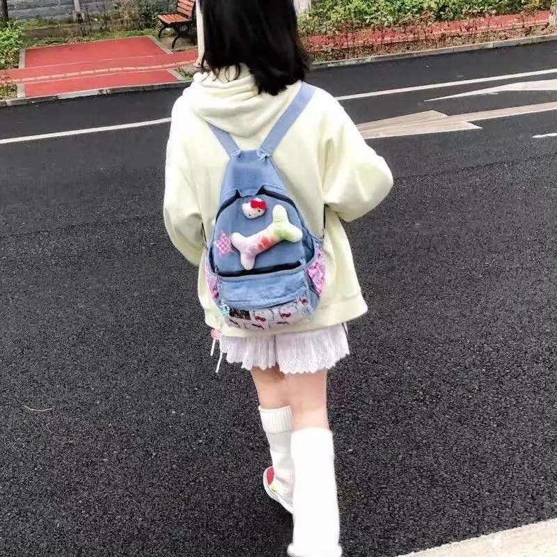MBTI Y2k Hello Kitty Womens Backpack Original Denim Vintage Patchwork Sweet Harajuku Casual Backpacks Female New Aesthetic Bags