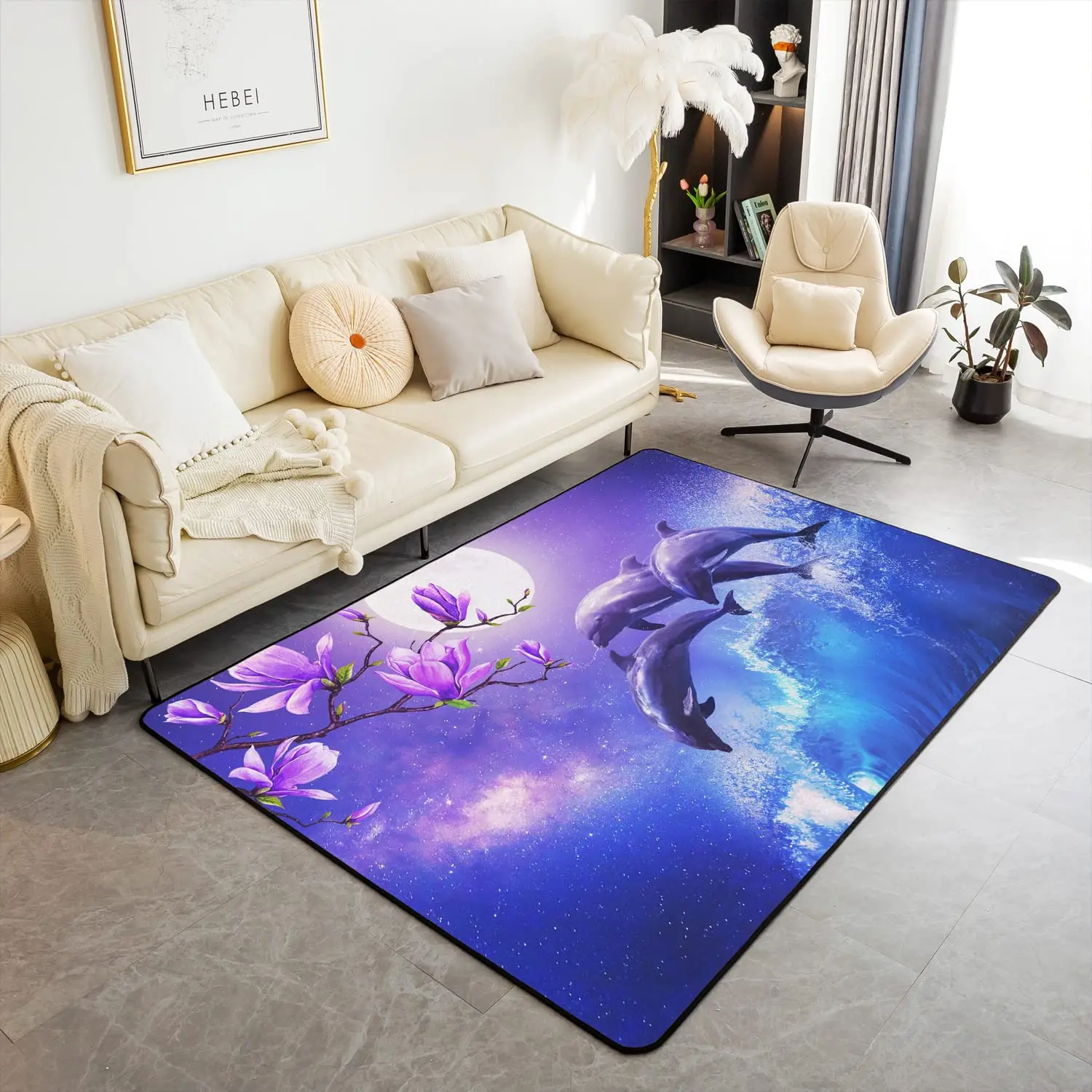 

Dolphin Area Rug for Bedroom Living Room, Underwater World Anti-slip Rug, Cute Marine Life Indoor Floor Mat, Ocean Theme Carpet