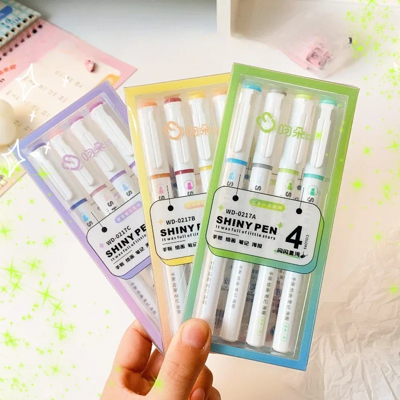4 Colors/box Kawaii Glitter Highlighter Pen Pastel Fine Pastel Highlighter Marker Scrapbook Painted Stationery School Supplies