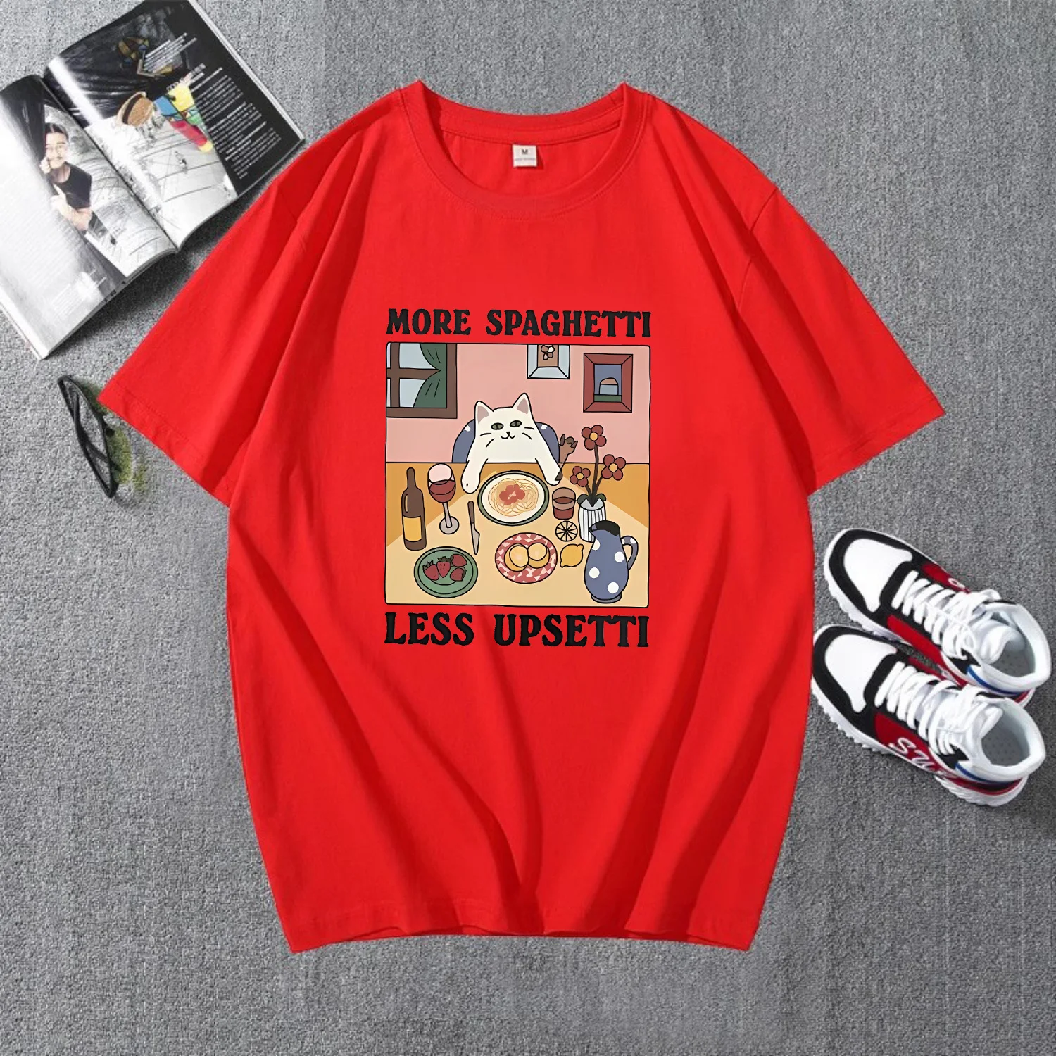 MORE SPAGHETTI LESS UPSETTI Printed T-shirt Cute Cat Again Eating Pattern Kawaii Top Italian Lover Short Sleeve Graphic Shirts 5