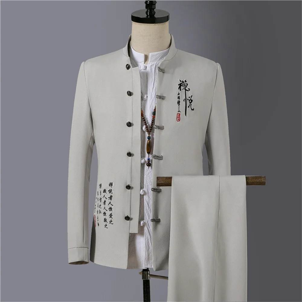 Fashion Male Suit 2023 New in Casual Jacket Pants 2 Pieces Sets Chinese Style Linen Stand Collar Letter Embroidery Pant Suits