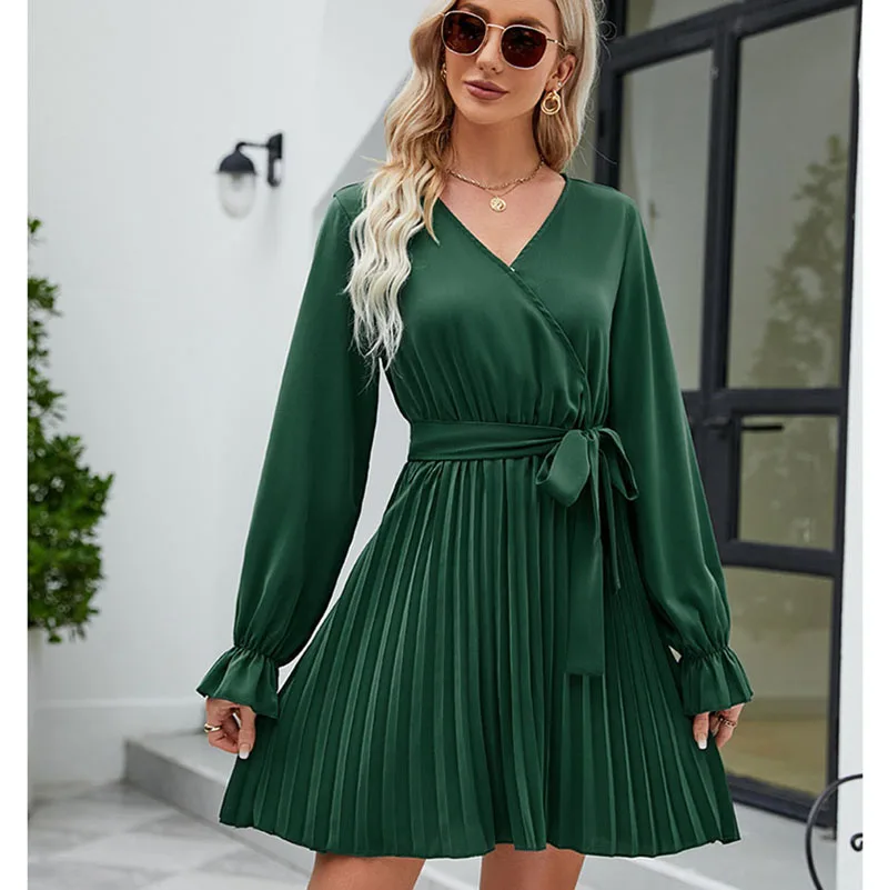 

Summer New Ladies Pleated Dress Mid Length Vertical Stripe Waist Pleat Elegant Long Sleeves V Neck Belt Luxury Prom Party A Line