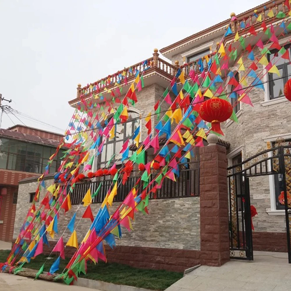 Party Decorations 100PCS Colorful Flags Triangular String Flags Outdoor Opening Festival Celebration Wedding Thickened Rope Party