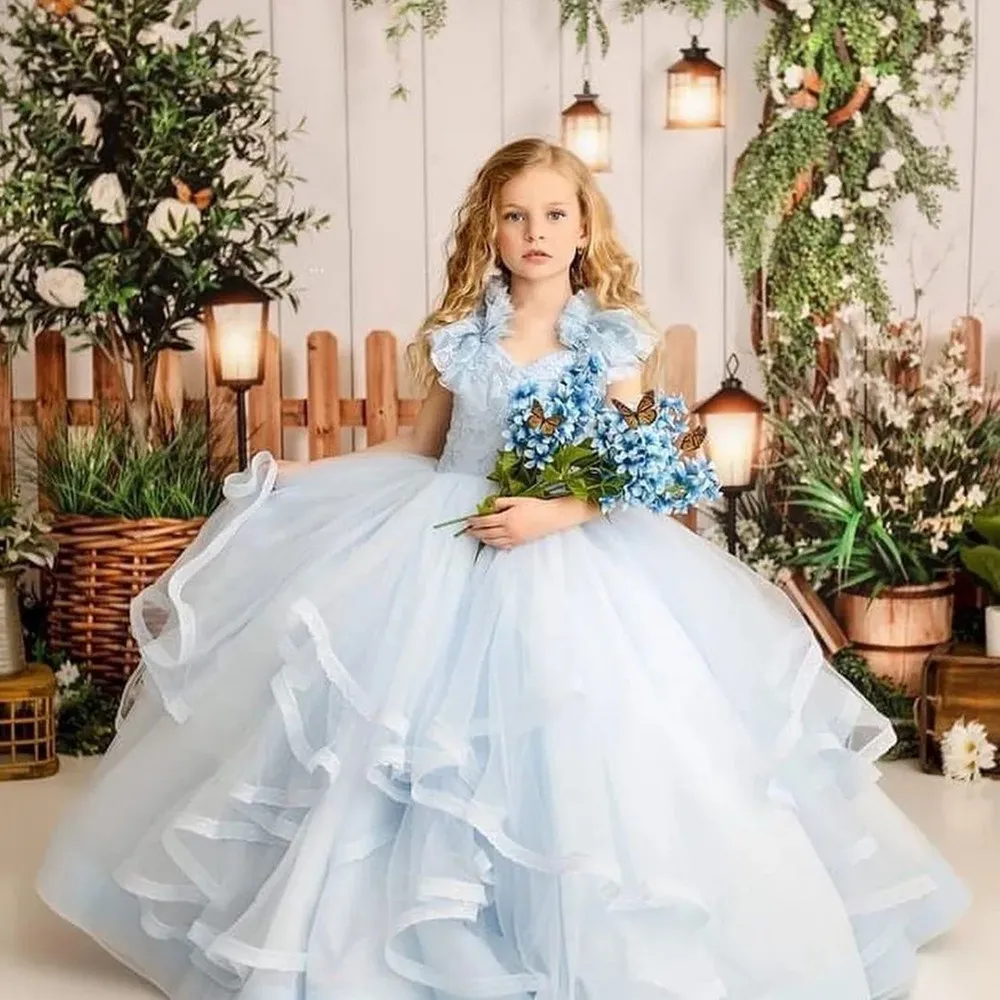 

New Light Blue Flower Girl Dress Wedding Party Tulle Skirt Ruffled Princess Ball Gown Over Flowing Floral Kids Cosplay Princess