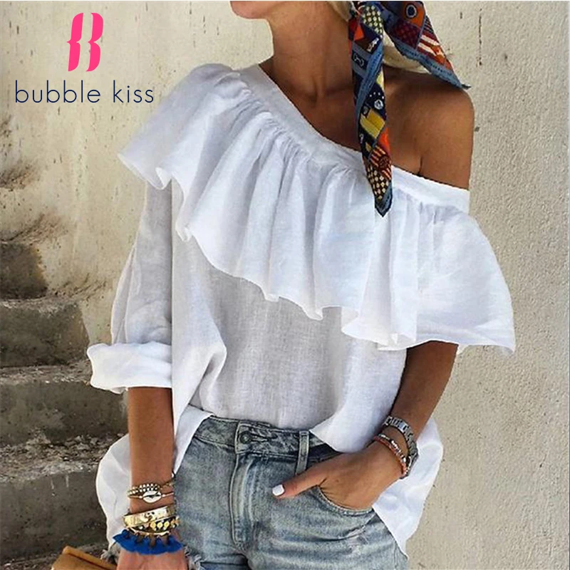 Blusas de moda de verano para mujer, camisas sexys con volantes, ropa hombros descubiertos para mujer, Crop top liso para fiesta en la con de madeja|Blusa| - AliExpress