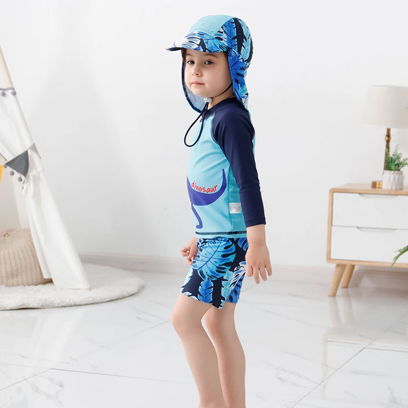 2-16 Y Children's One Piece Swimsuit Blue Dinosaur Set with Swimwear Cap Boys Summer Beachwear