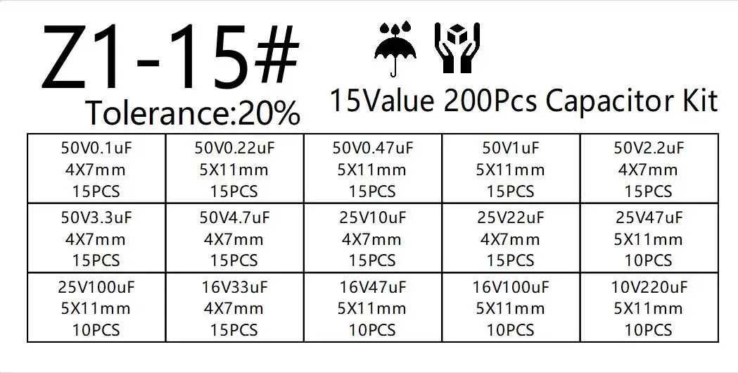 200pcs/lot Radial capacitors set 15Values 10V 16V 25V 50V 0.1uF-220uF Electrolytic Capacitor Assortment Kit 0.22uf 2.2uf 100uf