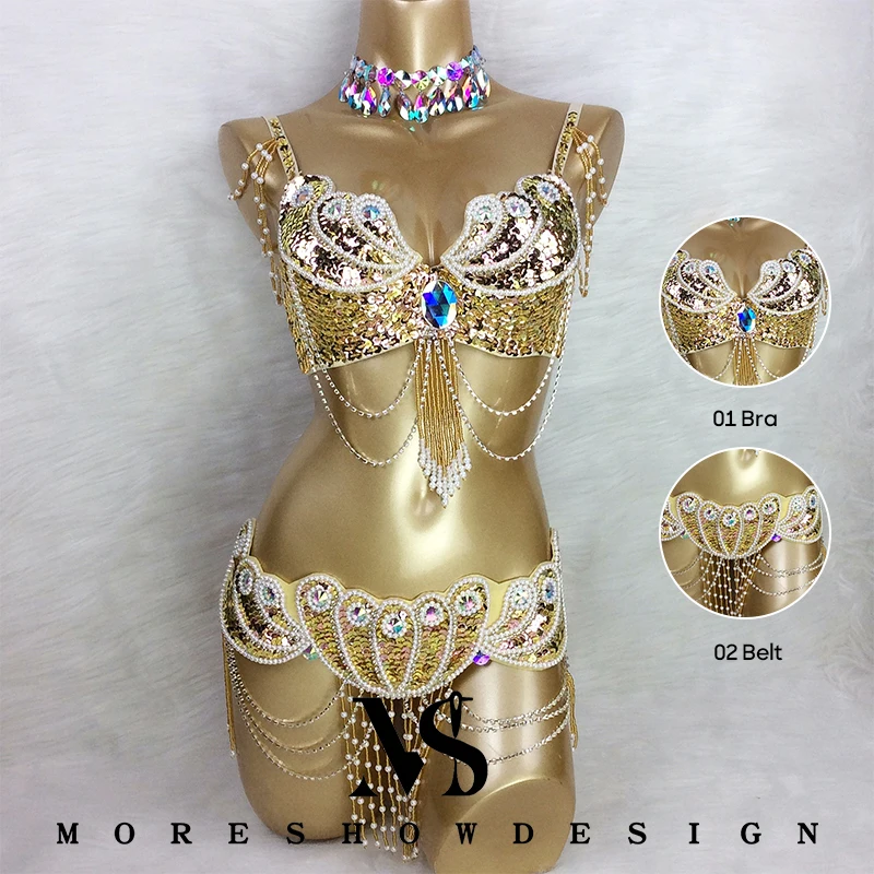 Belly Dance Bra and Belt 2 pcs Set for Women Golden Handmade Sequins Sexy Costuems Set Female Stage Performance Accessories