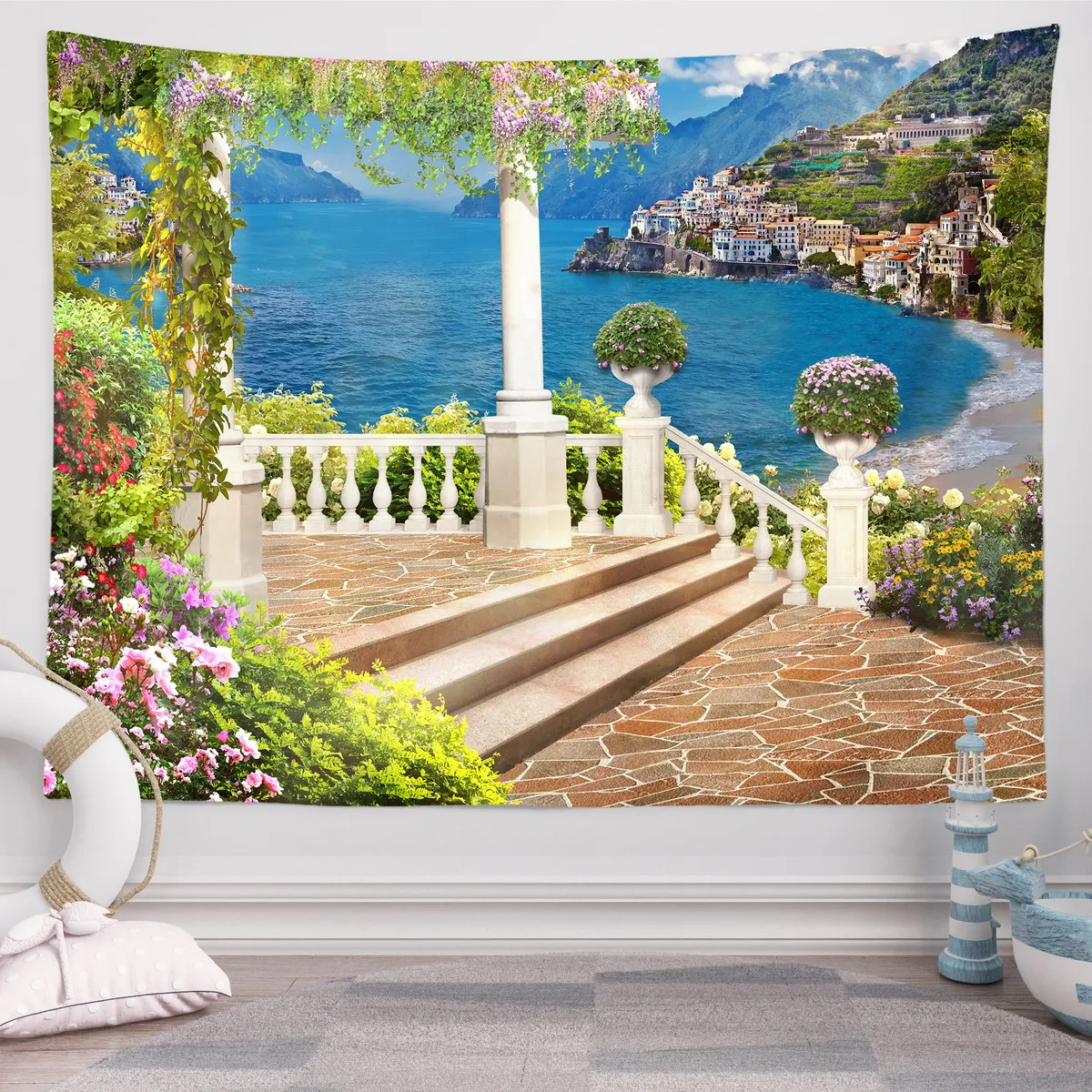 

Винтажный морской пейзаж, гобелен, украшение для средиземноморского сада, Настенный декор для комнаты, в эстетике спальни, индийский декор для комнаты