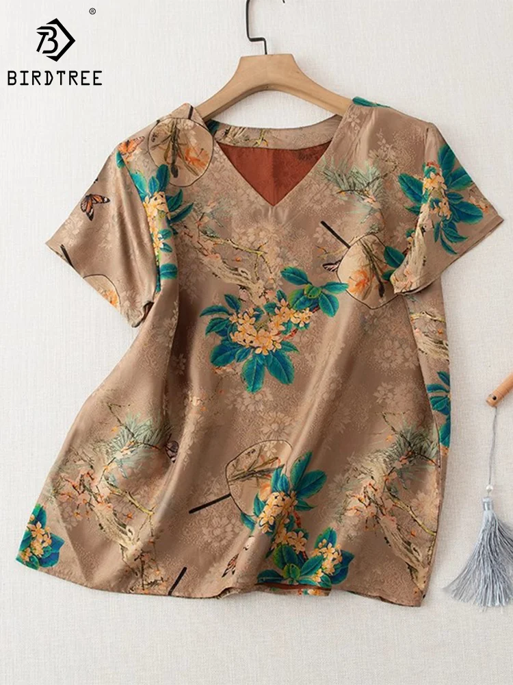 

Birdtree 100%Mulberry Silk T-shirt for Women Watered Gauze Tops Classic Retro Print Floral V-Neck 2023 Fashion Blouses T38397QM