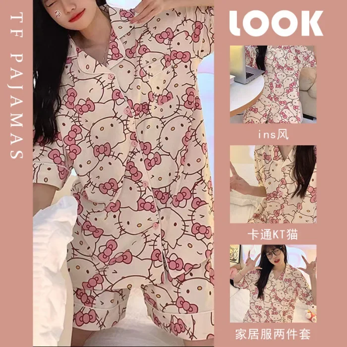 

Sanrio Hello Kitty Cartoon Pajamas Women Summer Kawaii Loose Pajamas Cardigan Trousers Set Home Clothing Girls Students Set Gift