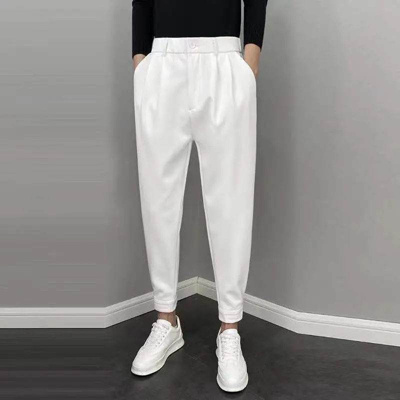 Fashion Men Casual Pants Elastic Waist Small Feet Slim Korean Style Pleated Tapered Male Blazer Pants Trousers Streetwear