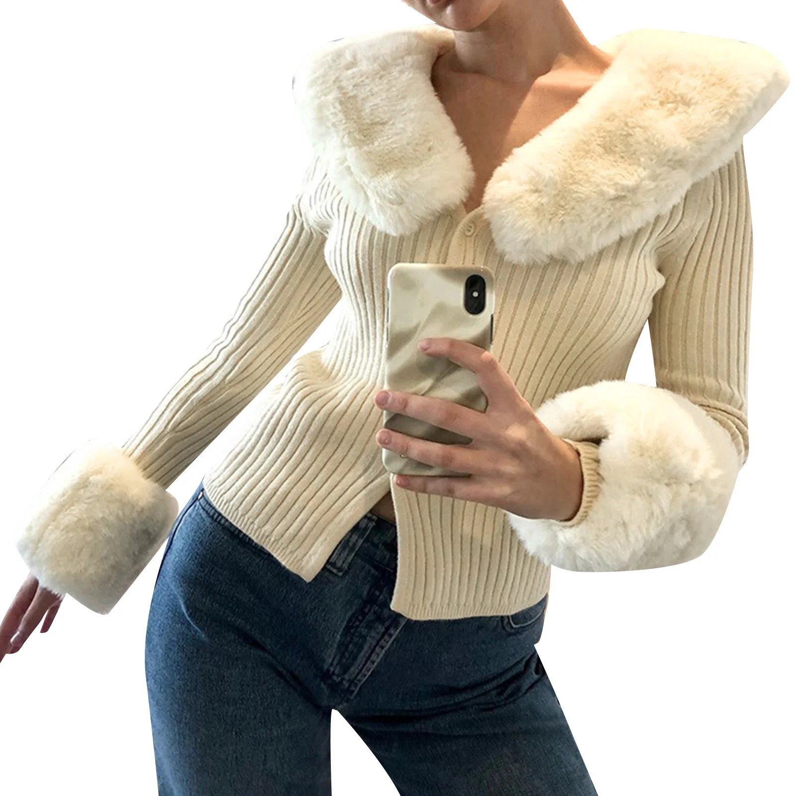 

Women Fur Trim Ribbed Knit Crop Top Long Sleeve Button Vneck Cardigan Pullover Sweater with Fluffy Collar Cuffs