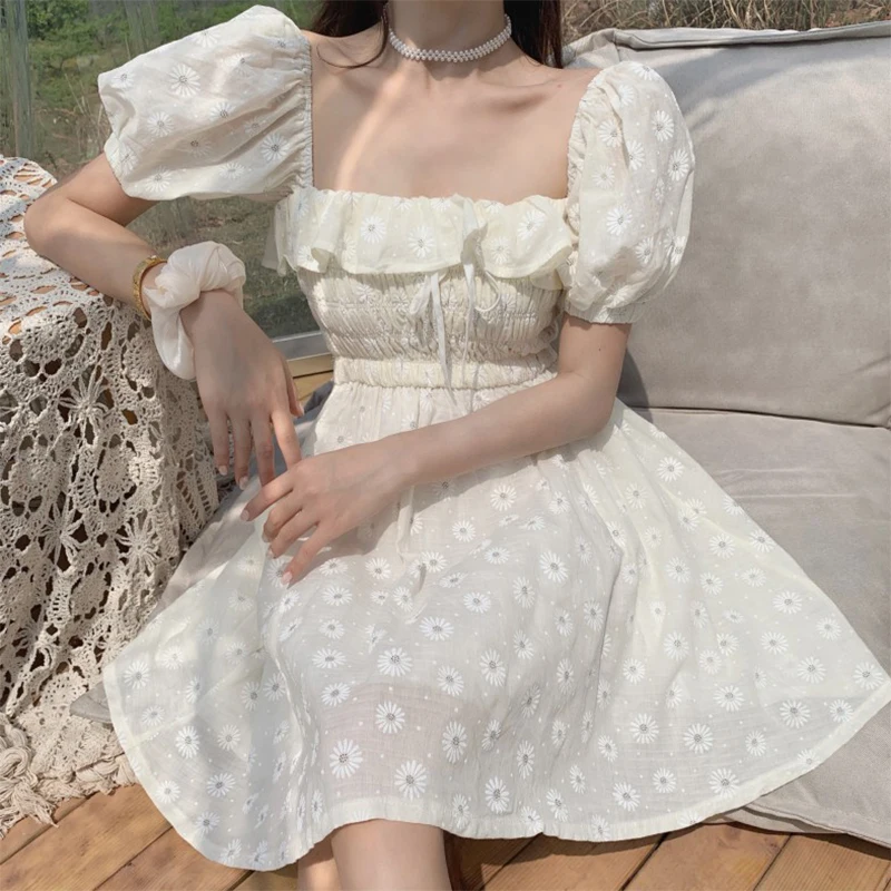

French Dresses for Women White Puff Sleeve Korean Fairy Dress Elegant Lace Chiffon Kawaii Vintage Dress Vestidos Summer 2022 New