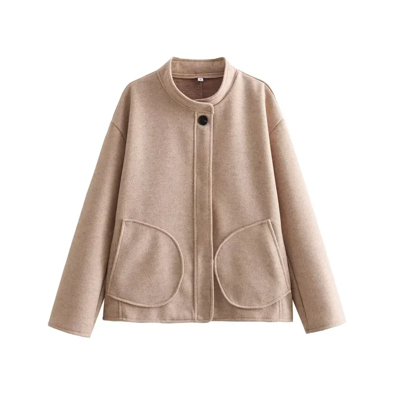 Woolen Coat for Women 2024 Stand Collar Female Casual Jacket Coats Ladies Chic Single-breasted with Pocket Outerwear