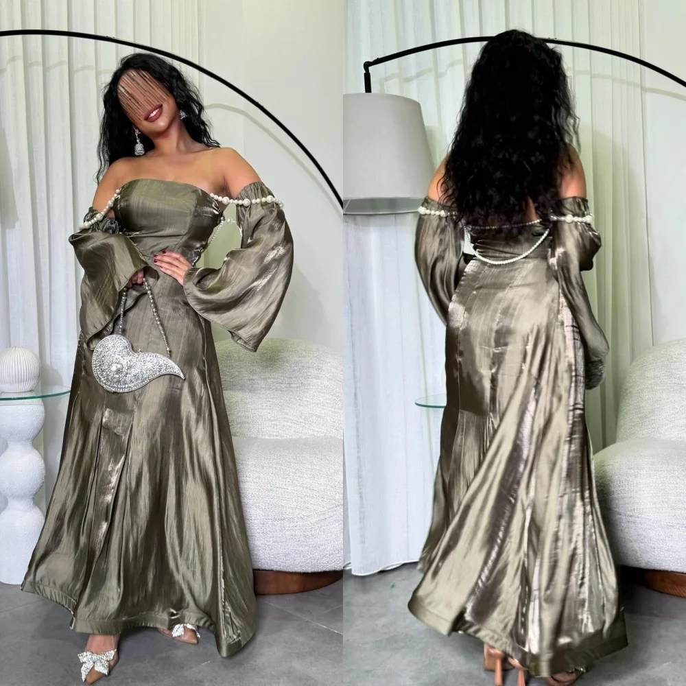 

Ball Dress Evening Saudi Arabia Satin Draped Pleat Pearl Graduation A-line Off-the-shoulder Bespoke Occasion Gown Midi Dresses