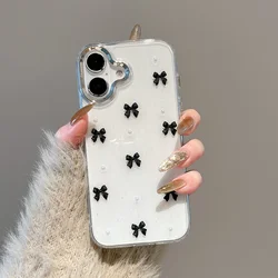 Cute Pink Bow Beads Glitter Clear Phone Case - Transparent TPU Shockproof Cover - iPhone 15 Plus (Black Bow)