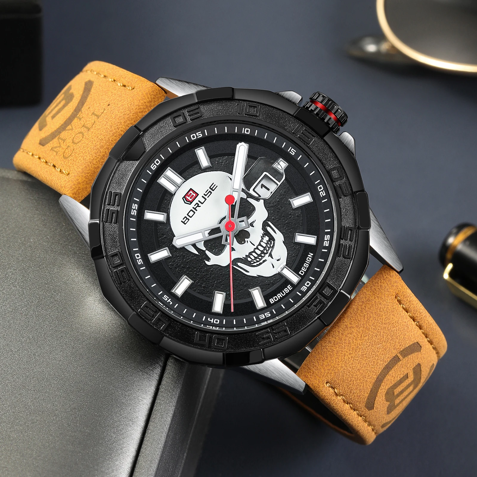 BORUSE Mens Watches Top Brand Luxury High Quality Leather Sport Waterproof Date Quartz Watch for Men Relogio Masculino